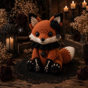 May include: A crocheted fox plush toy with orange and cream yarn, featuring a black ruffled collar, a black rose accessory on one ear, a black heart emblem on the chest, and black paws decorated with white embroidered skeletal hand patterns.