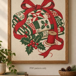 Patrón de punto de cruz para colcha navideña en PDF, diseño de manta de patchwork y lazo rojo, regalo para quilters, decoración navideña para coser, descarga digital.