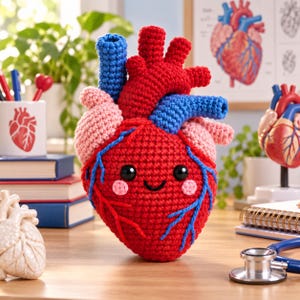 May include: A crocheted anatomical heart plush toy featuring a bright red main body, light pink atria, and blue vessels. The heart has a smiling face with black safety eyes and pink cheeks, crafted with detailed yarn stitching throughout.