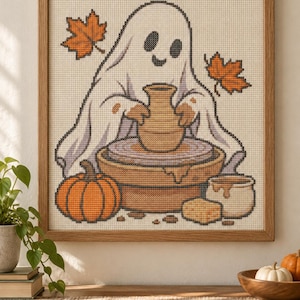 Korsstygnsmönster med spökkeramik, Halloweenpumpa, Cottagecore-dekor (PDF-nedladdning)