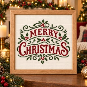 May include: A square cross-stitch embroidery in a light wood frame featuring the text Merry Christmas in red lettering. The design is surrounded by green holly leaves and red berries, all stitched onto a white fabric background.