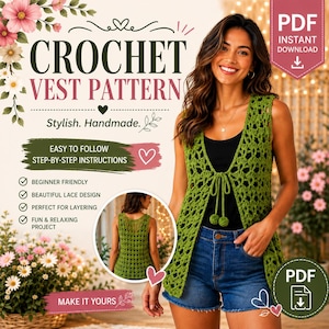 Puede incluir: Un patrón de ganchillo para chaleco en descarga digital que muestra un chaleco verde sin mangas con diseño de encaje y cierre de lazo frontal. El texto dice CROCHET VEST PATTERN, Stylish. Handmade., EASY TO FOLLOW STEP-BY-STEP INSTRUCTIONS.