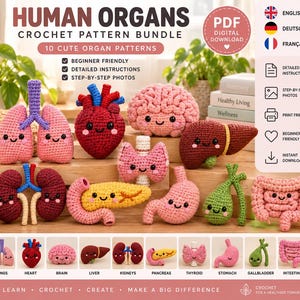 Puede incluir: Un paquete de patrones de ganchillo en descarga digital para 10 órganos humanos, incluyendo pulmones, corazón, cerebro, hígado, riñones, páncreas, tiroides, estómago, vesícula biliar e intestinos. Cada órgano está tejido con caras bordadas.