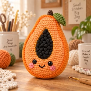 Pode incluir: Um peluche de croché em forma de papaia com um exterior laranja brilhante, um centro texturizado de sementes pretas e uma pequena folha verde no topo. O fruto tem uma cara bordada com olhos de contas pretas e bochechas cor-de-rosa.