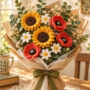 May include: A crochet flower bouquet featuring two yellow sunflowers with dark brown centers, three red poppies with dark centers, and several white daisies with yellow centers. The arrangement includes green crocheted foliage and is wrapped in brown paper with a green ribbon.