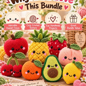 Peut inclure: Une collection de 19 modèles de fruits au crochet comprenant une pomme, un ananas, une fraise, une pêche, des cerises, une orange, un avocat et un citron. Chaque fruit a un visage souriant, des joues roses et des feuilles vertes.