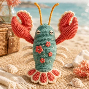 May include: A crocheted lobster toy featuring a teal body with closed eyes, two large red claws, and two yellow antennae. The body is decorated with small pink crocheted flowers and white dots, while the tail consists of several red and white petals.
