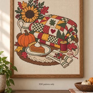 Patrón de punto de cruz para patchwork otoñal en PDF, diseño de calabaza y girasol para patchwork, regalo para quilters, decoración de costura otoñal.