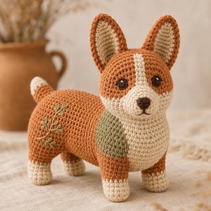 Può includere: Una statuetta di cane corgi all'uncinetto con un corpo color arancio ruggine e accenti color crema sul viso, sul petto e sulle zampe. Il giocattolo presenta una piccola macchia verde sulla spalla e un delicato rametto di foglie ricamato sul fianco.