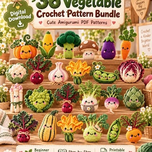 May include: A digital download bundle of 36 vegetable crochet patterns featuring various amigurumi vegetables with smiling faces, including a pumpkin, corn, broccoli, mushroom, eggplant, carrot, cauliflower, beet, garlic, peas, and artichoke.