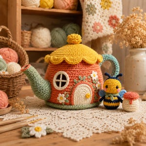 May include: A crochet teapot cozy shaped like a house with an orange body, a yellow scalloped roof, and a green spout and handle. It features a white arched door, a round window, and small white flowers. A small crochet bee and a mushroom sit nearby.