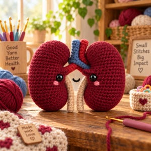 May include: A maroon crochet kidney plushie with black safety eyes, pink cheeks, and a small embroidered smile. The plush features blue and red yarn accents at the top, beige ureters, and is positioned on a wooden surface with yarn supplies.