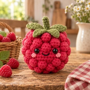 May include: A round, red crocheted raspberry plush toy featuring a green stem and leaves on top, black plastic safety eyes, a stitched black smile, and small pink crocheted cheeks. The texture is bumpy and spherical, mimicking a real raspberry.