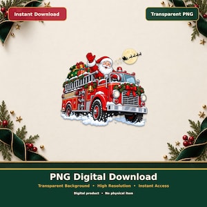 May include: A digital illustration of Santa Claus waving from the driver's seat of a bright red fire truck. The truck is decorated with green garlands, red bows, and gold bells, carrying a large sack of colorful gifts on the ladder rack.