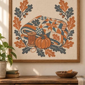 Modèle de point de croix pour patchwork d'automne, PDF de patchwork, citrouille, feuilles de chêne, décoration artisanale d'automne (téléchargement numérique)