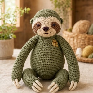 Puede incluir: Un peluche de perezoso tejido a ganchillo en color verde oliva con cara color crema y manchas marrones oscuras alrededor de los ojos. El perezoso presenta una pequeña hoja amarilla bordada en el pecho y garras color crema en sus extremidades.