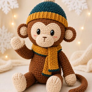 May include: A brown and beige crocheted monkey toy wearing a dark teal and mustard yellow beanie with a pom-pom and a matching mustard yellow scarf. The monkey has black eyes, pink cheeks, and is posed in a seated position with one arm raised.