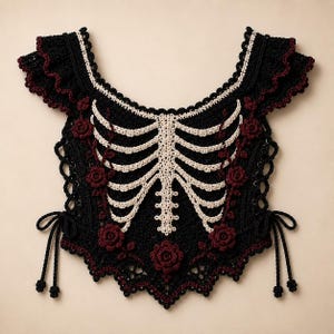 May include: A black crochet top featuring a cream-colored rib cage design on the front. The garment includes dark red rose appliqués, ruffled cap sleeves, and side lace-up details with hanging cords. The hem has a pointed, scalloped edge finish.
