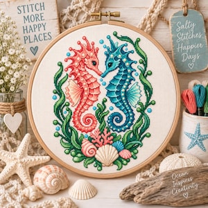 May include: A circular wooden embroidery hoop containing a cross-stitch pattern of a pink seahorse and a blue seahorse facing each other, surrounded by green seaweed, pink coral, and seashells on a white fabric background.