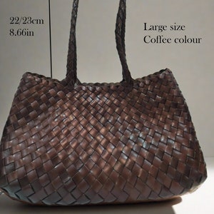 French style handmade TOP LAYER cowhide leather woven shoulder tote bag, gift for mom, gift for wife, soft leather bag coffee large