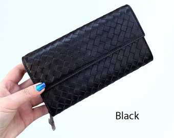 Stylish Long Women's Wallet, Sheepskin Woven Clutch, Zip Coin Purse, Compact Fashionable Minimalist Wallet