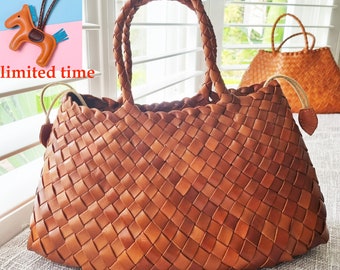 French style handmade TOP LAYER cowhide leather woven shoulder  tote bag, gift for mom, gift for wife, soft leather bag