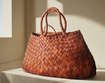 French style handmade TOP LAYER cowhide leather woven shoulder  tote bag, gift for mom, gift for wife, soft leather bag