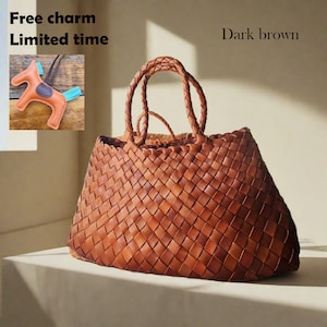 French style handmade TOP LAYER cowhide leather woven shoulder tote bag, gift for mom, gift for wife, soft leather bag dark brown medium