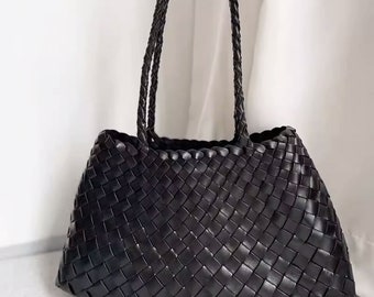 French style handmade TOP LAYER cowhide leather woven shoulder tote bag, mothers day gift, gift for wife, with long shoulder strap