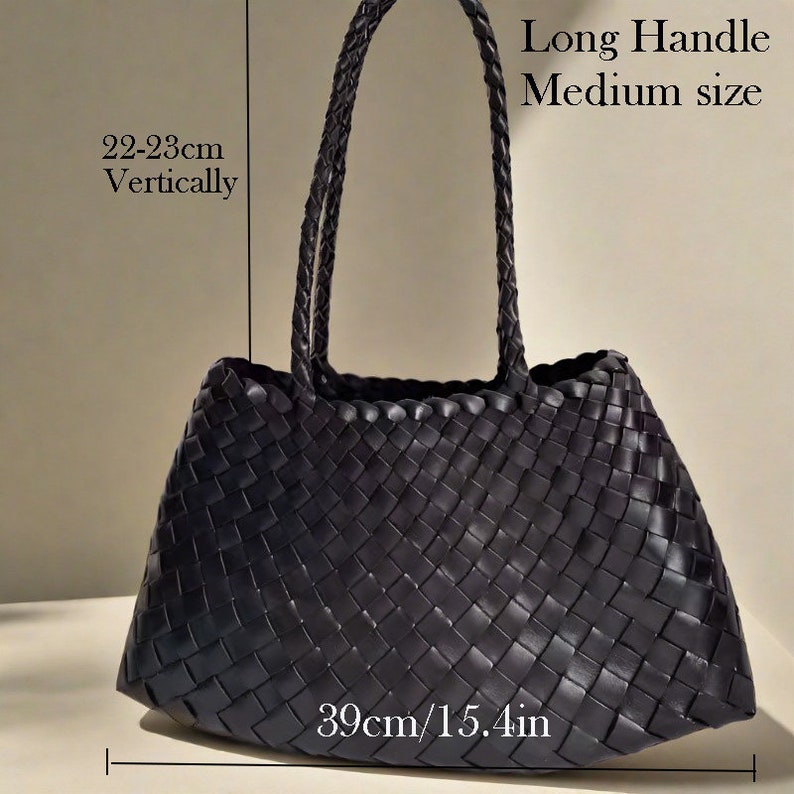 Handgefertigte TOP LAYER Rindsleder gewebte Schultertasche im französischen Stil, Geschenk für Mama, Geschenk für Frau, weiche Ledertasche long handle black