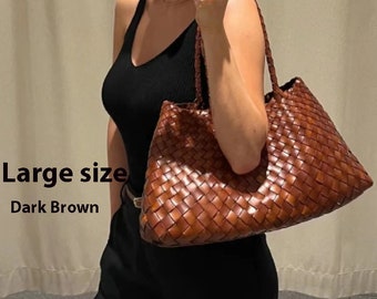 French style handmade TOP LAYER cowhide leather woven LARGE shoulder tote bag, gift for mom, gift for wife, soft leather bag