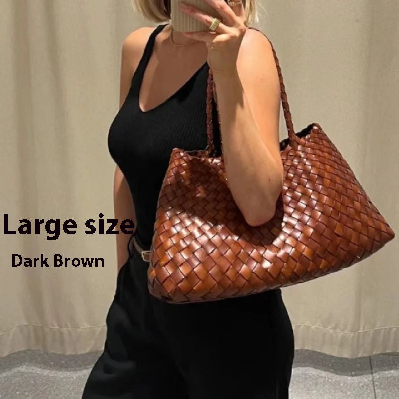 French style handmade TOP LAYER cowhide leather woven shoulder tote bag, gift for mom, gift for wife, soft leather bag dark brown large