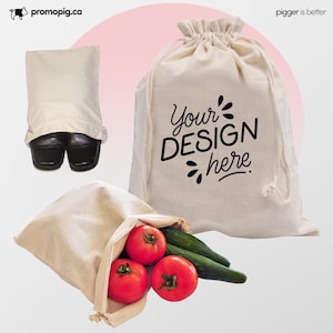 May include: Off-white drawstring bags, one with the text "Your DESIGN here", and another filled with red tomatoes and green cucumbers. A third bag is shown with black shoes inside.