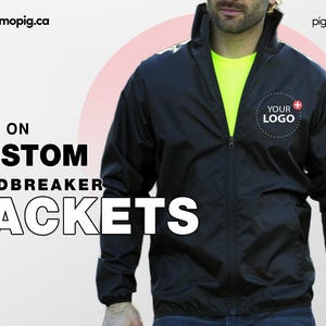 Peut inclure: Une veste coupe-vent noire avec une fermeture éclair et un patch 'YOUR LOGO' sur la poitrine. La veste a un col montant et des manches longues.