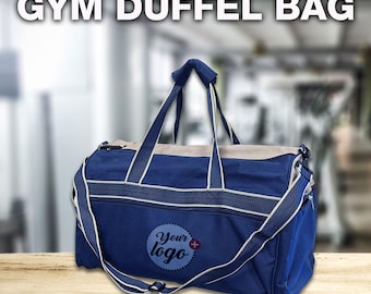May include: A blue and beige gym duffel bag with a white strap and a white trim. The bag has a white circle with the text "Your logo" in black.
