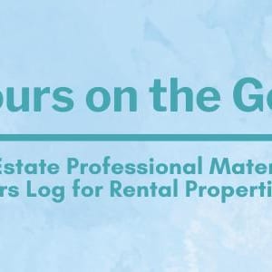 May include: A woman uses a mobile phone app to track hours on the go. The app is called "Real Estate Professional Material Hours Log for Rental Properties". The app is shown on a computer screen and a mobile phone.