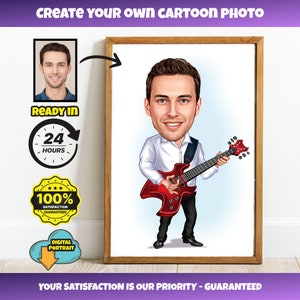 Gepersonaliseerd tekenfilmbeeldje gitarist | Aangepast portret muzikant | Verjaardags- en kerstcadeau | Uniek cadeau voor hem
