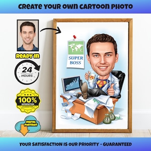 Personalized Super Boss Cartoon Portrait | Custom Boss Caricature Drawing | Funny Boss Gift | Unique Office Decor | Gift For Him Her