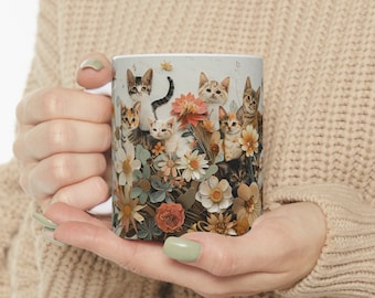 Taza de café de cerámica con diseño de gato y flor, apta para microondas y lavavajillas, sin BPA ni plomo, regalo para amantes de los gatos, colores vivos y diseño duradero