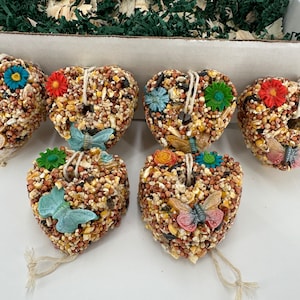May include: Six heart-shaped bird feeders with a variety of colorful flowers and butterflies. The feeders are made of a mixture of seeds and grains.