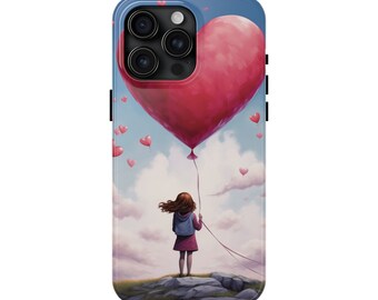 Niña sosteniendo un diseño de funda para teléfono con forma de globo en forma de corazón para iPhone 12, 13, 14 y 15.