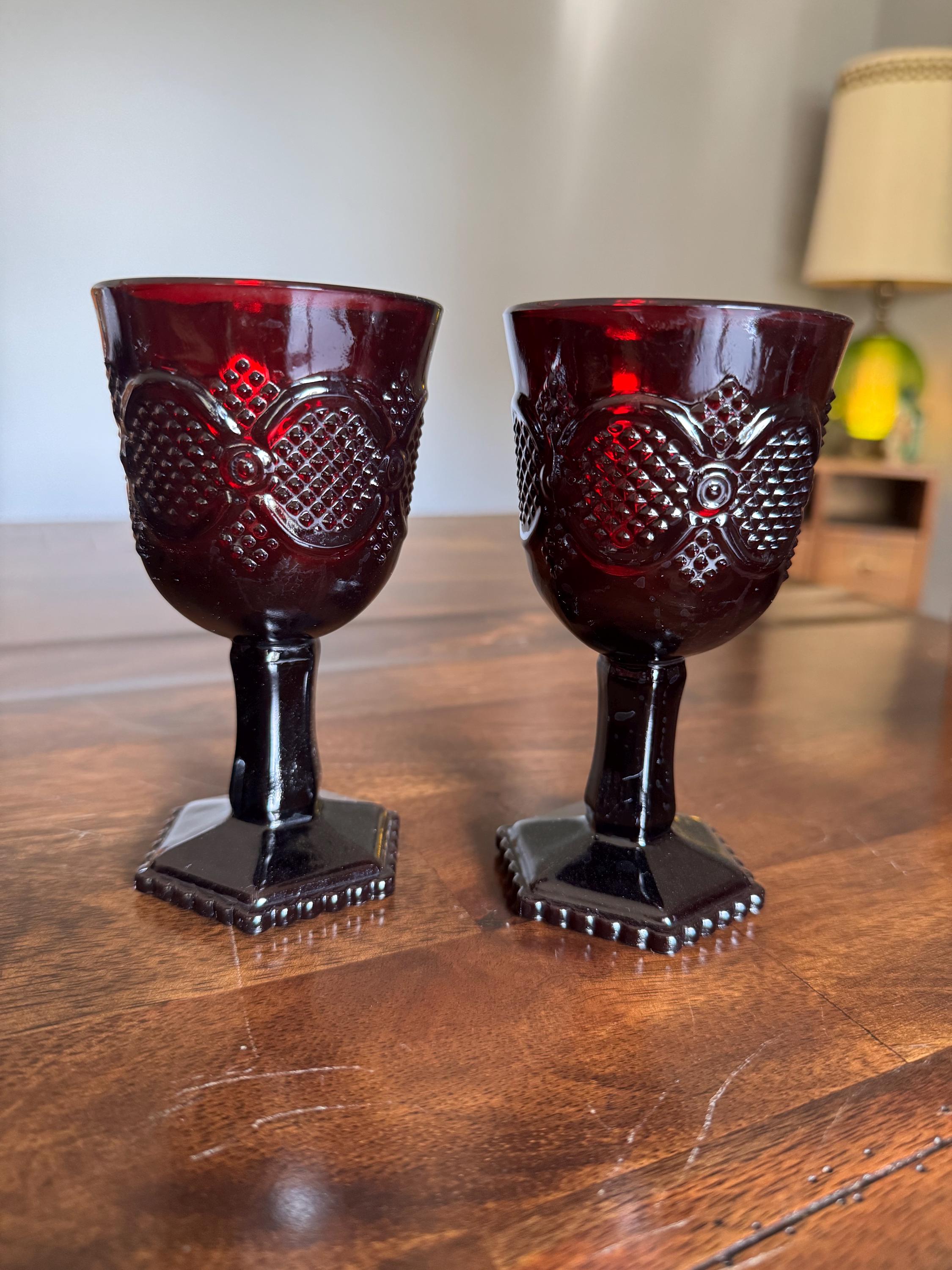 Avon 1876 Cape Cod Ruby Red Glassware: Wine Goblet, Cordials, Mug