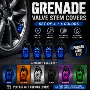 May include: A set of four blue grenade-shaped valve stem covers for vehicle tires. The image displays the text GRENADE VALVE STEM COVERS, SET OF 4, 6 COLORS, and shows six color options: blue, orange, silver, black, purple, and green.