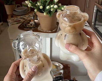 Bear Shaped Glass Cup with Straight Straw – 14cm Clear Glass Tumbler Mug for Iced Coffee, Tea, Milk, Cute Drinkware Gift
