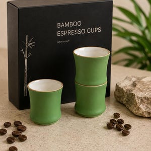 Set med 4 espressokoppar i bambustil – 90 ml gröna espressokoppar i keramik – Stapelbara kaffekoppar – Unik present till kaffeälskare