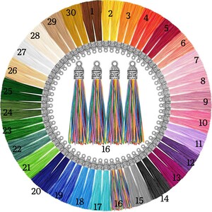 May include: A color chart of 30 different colors of embroidery floss, with a set of four tassel earrings in the center. The colors range from white to black, with shades of red, orange, yellow, green, blue, purple, and pink.