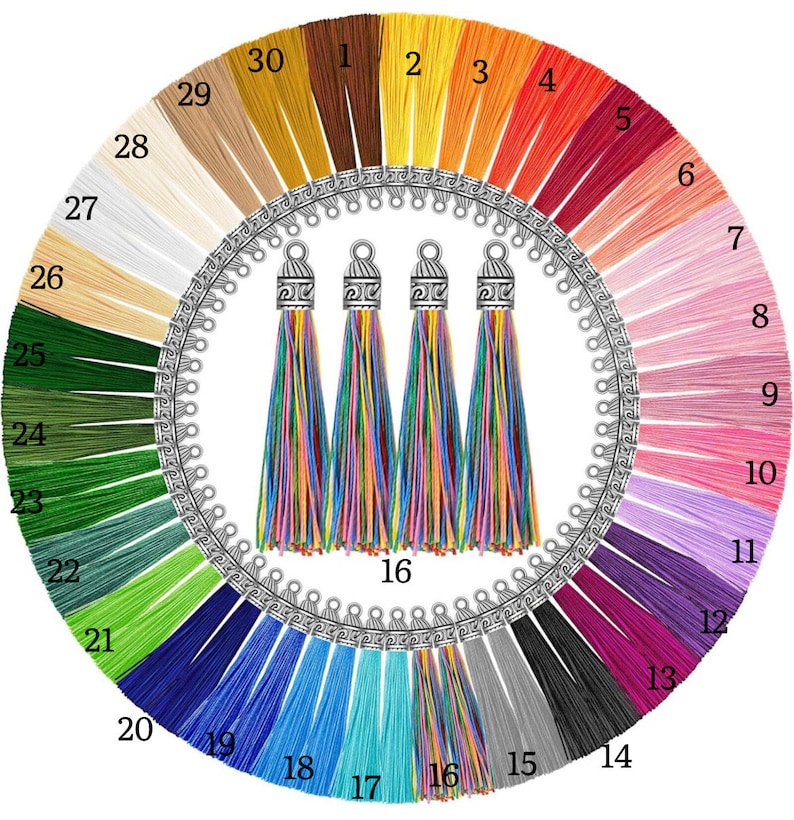 May include: A color chart of 30 different colors of embroidery floss, with a set of four tassel earrings in the center. The colors range from white to black, with shades of red, orange, yellow, green, blue, purple, and pink.