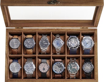 Watch Box with 12 Slots, Watch Case, Solid Wood Watch Box Organiser with Large Glass Lid, Watch Display Box with Removable Pillows