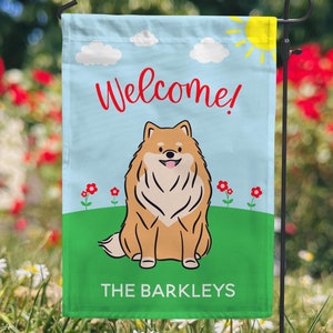 Pomeranian Spring Welcome Garden Flag - Pick Your Pom Color! Personalized Pet Garden Flag - Pomeranian Gifts - Spring Decor