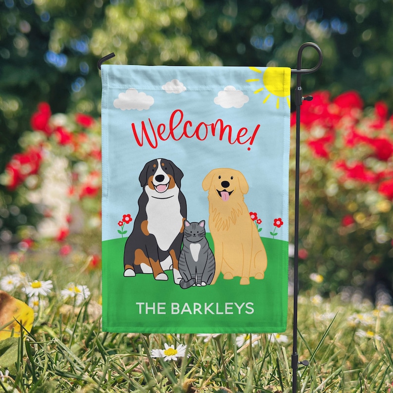 Personalized welcome garden flag with family name and custom pets